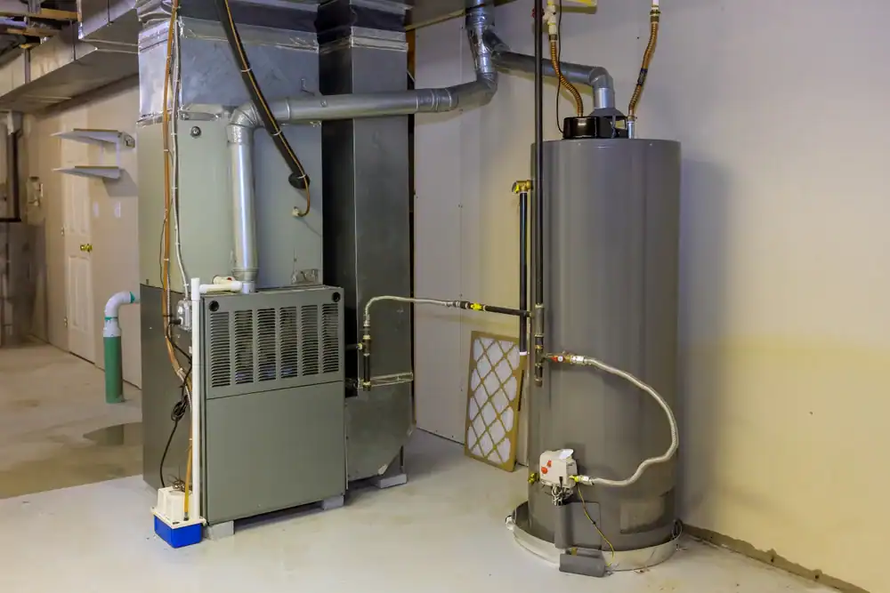 A residential basement in FL features a gray furnace and a tall water heater connected by pipes and vents, standing against a beige wall on a clean, concrete floor—ready for inspection by any skilled plumber Brevard County offers.