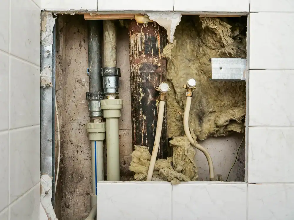 A hole in a tiled wall reveals exposed pipes and insulation material. Some pipes are metal, others are plastic, with fittings and valves visible—an area likely needing attention from a plumber Brevard County, FL residents trust.