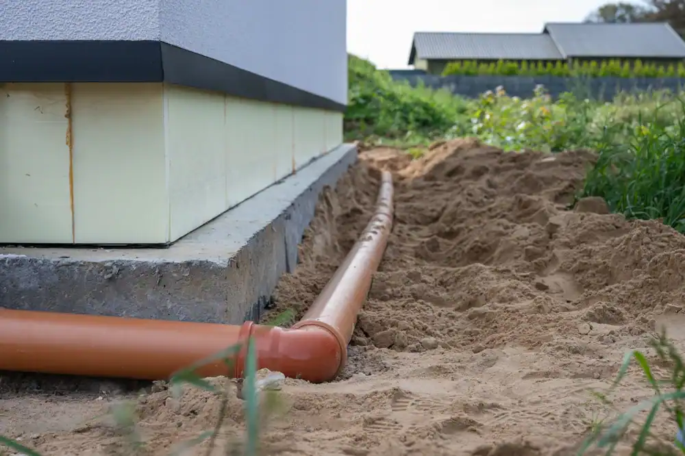 Orange drainage pipe laid in a trench next to the foundation of a building, surrounded by soil and grass in FL, with additional buildings and greenery in the background—expertly handled by a plumber Brevard County trusts.