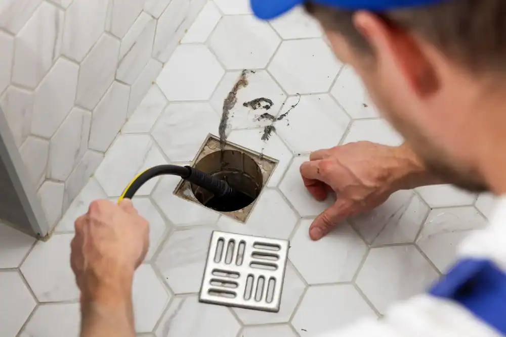 A plumber Brevard County uses a tool to unclog a floor drain on a white hexagonal tile floor, with debris and dirt visible around the drain opening.