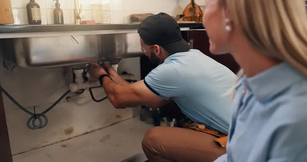 A plumber in Brevard County, FL, wearing a cap and glasses works under a kitchen sink with tools to fix the pipes, while a woman in the foreground observes him.