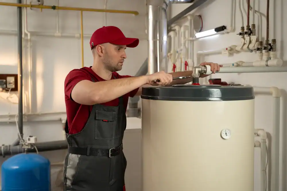 A plumber Brevard County in a red cap and overalls uses a wrench to adjust fittings on a large water heater in a FL utility room with various pipes and equipment.