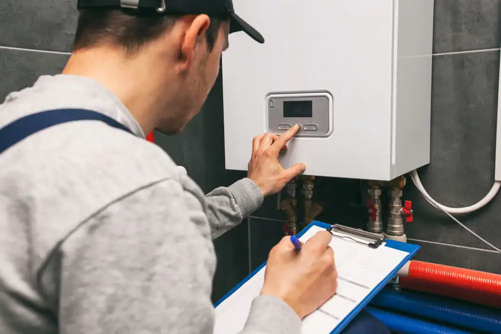 A technician wearing a cap and holding a clipboard adjusts the settings on a wall-mounted boiler or water heater in a utility room.