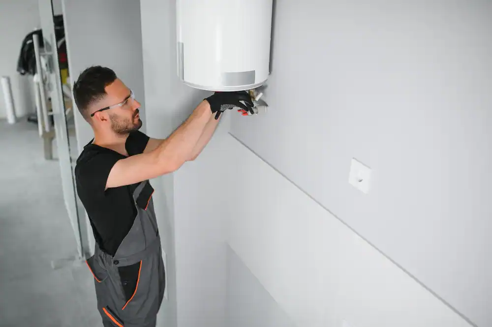 A plumber Brevard County in FL, wearing glasses and work overalls, installs or repairs a white water heater mounted on a light gray wall, using tools and black gloves.